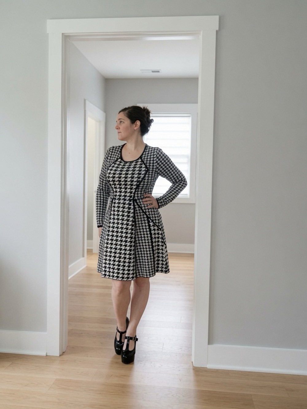 Calvin Klein Houndstooth Sweater Dress Small Black White Fit & Flare